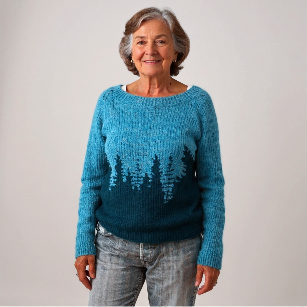 Boat Neck Forest Print Ribbed Knit Sweater