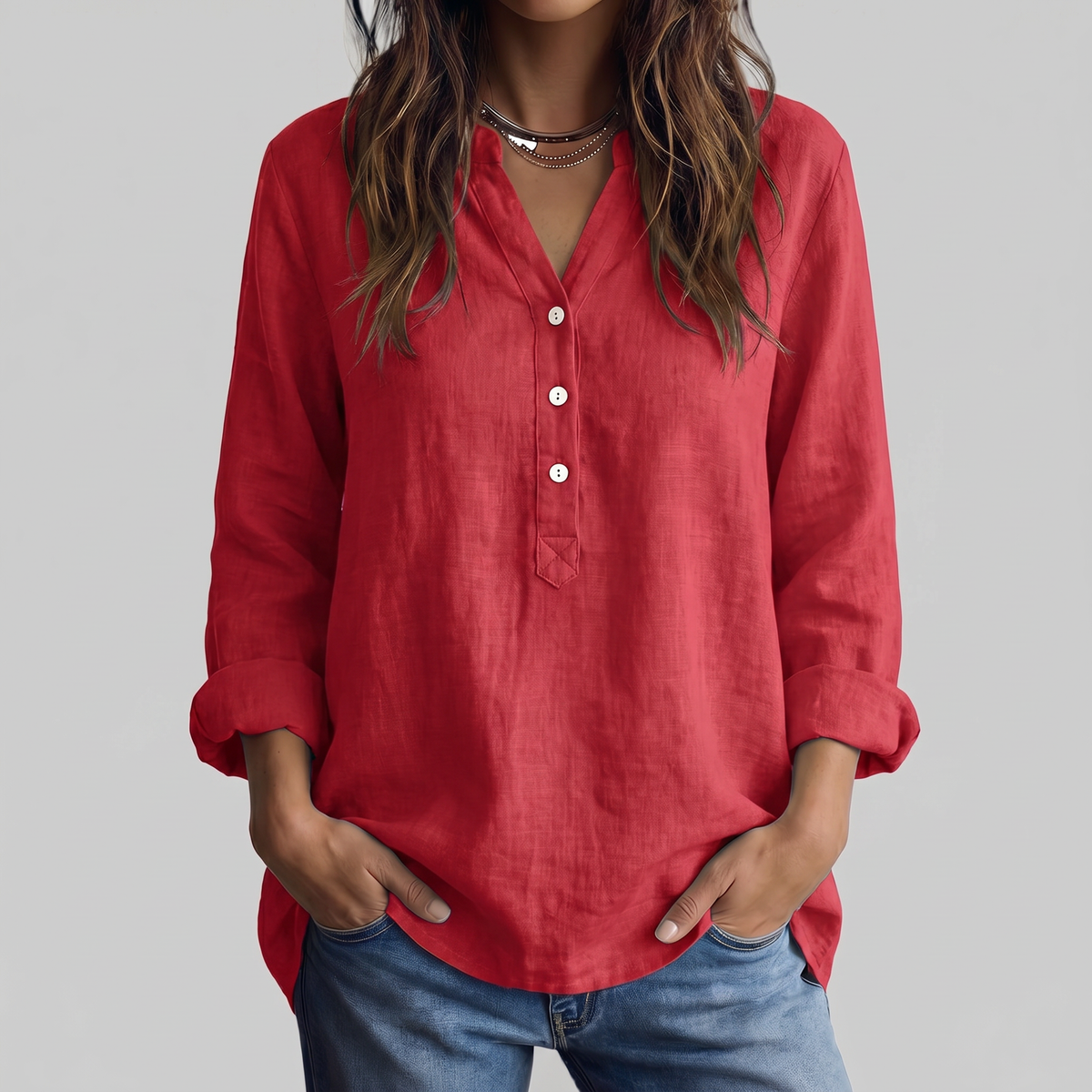Notch V-Neck Half Button Long Sleeve Linen Blouse