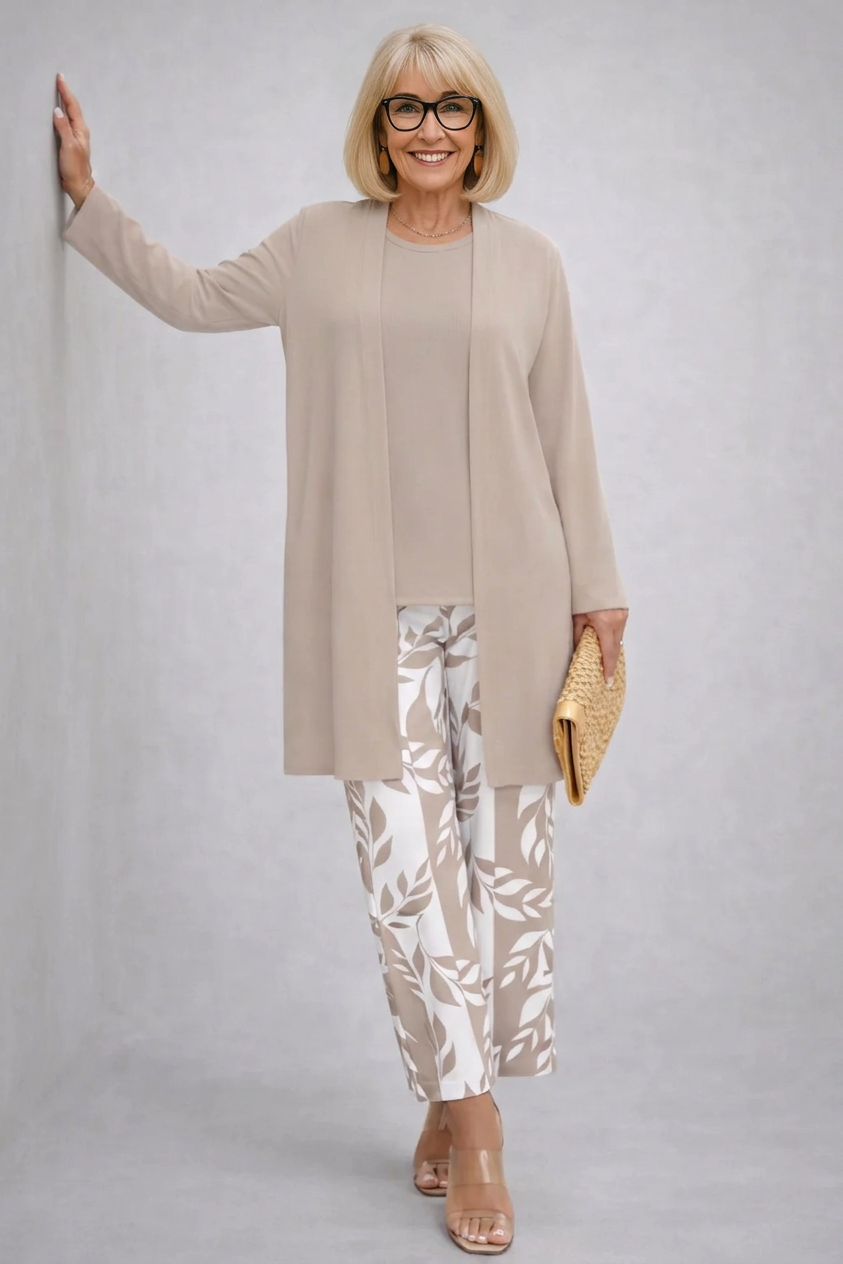 Longline Cardigan Top and Leaf Print Pants Three Piece Set