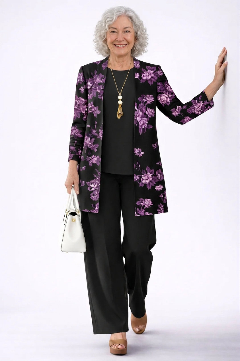 Rose Floral Print Longline Cardigan Tank and Pants Three Piece Set