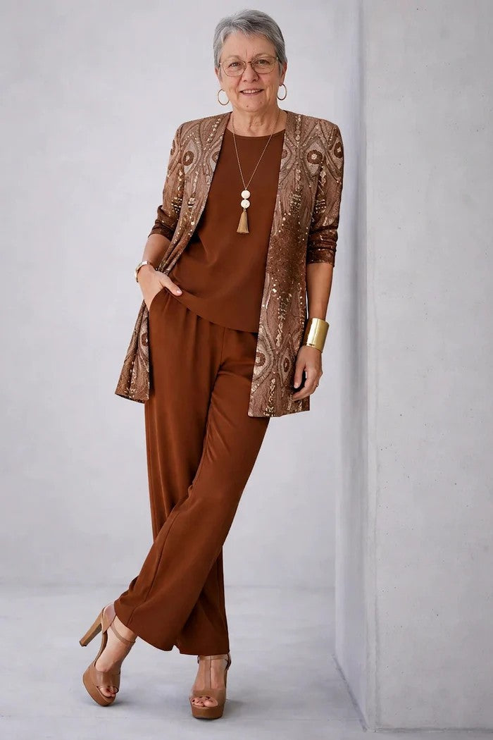 Palm Leaf Print Longline Cardigan Tank and Pants Three Piece Set 9