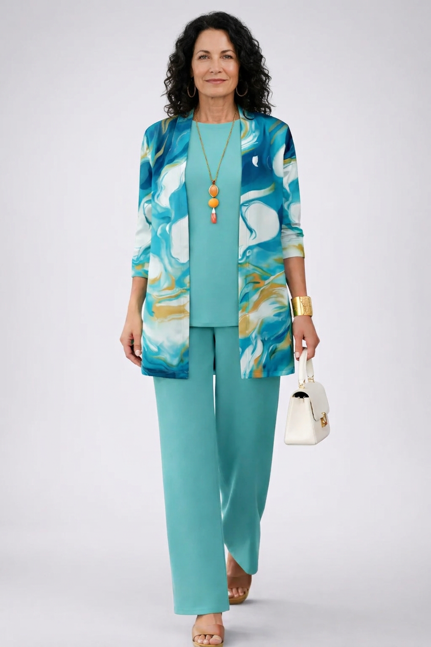 Abstract Swirl Print Longline Cardigan Tank and Pants Three Piece Set
