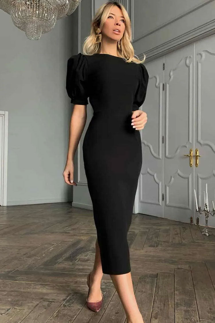French Crew Neck Puff Sleeve Cocktail Party Midi Dress - Black - View 3