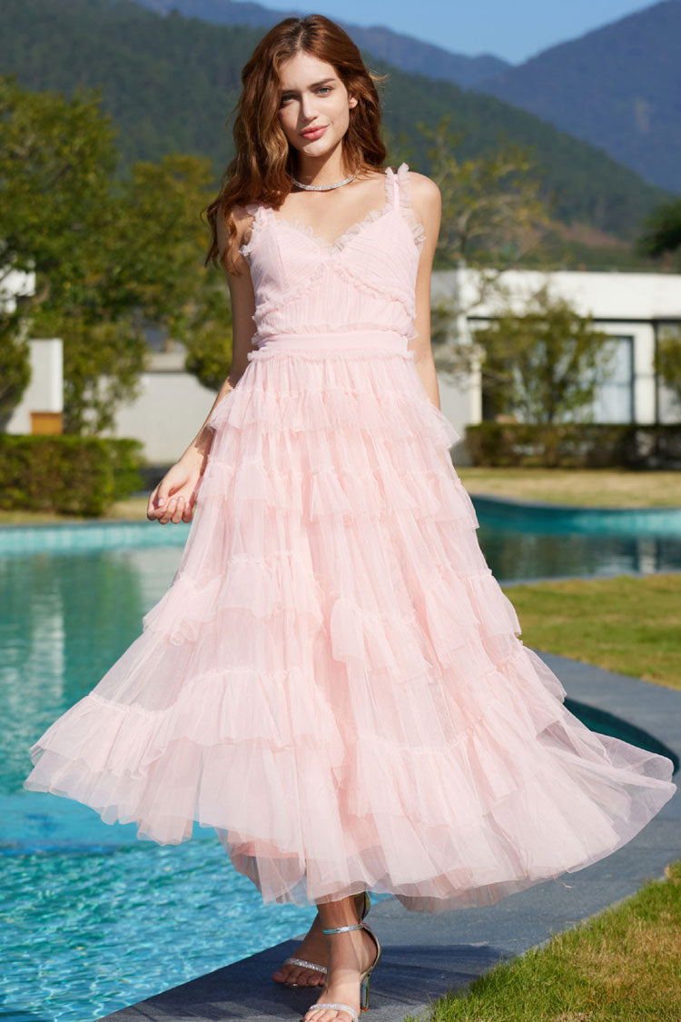 V-Neck Ruffle Strap Tiered Tulle Fit and Flare Midi Dress - View 4