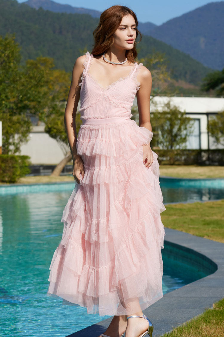 V-Neck Ruffle Strap Tiered Tulle Fit and Flare Midi Dress - View 2