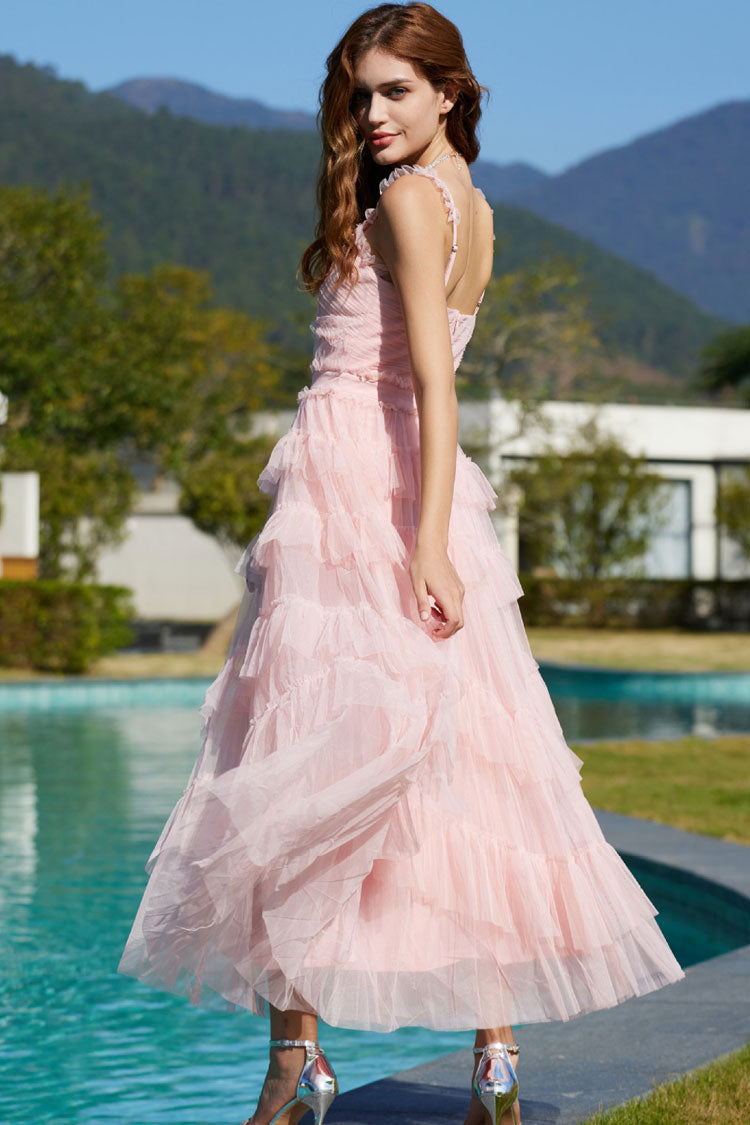 V-Neck Ruffle Strap Tiered Tulle Fit and Flare Midi Dress - View 6