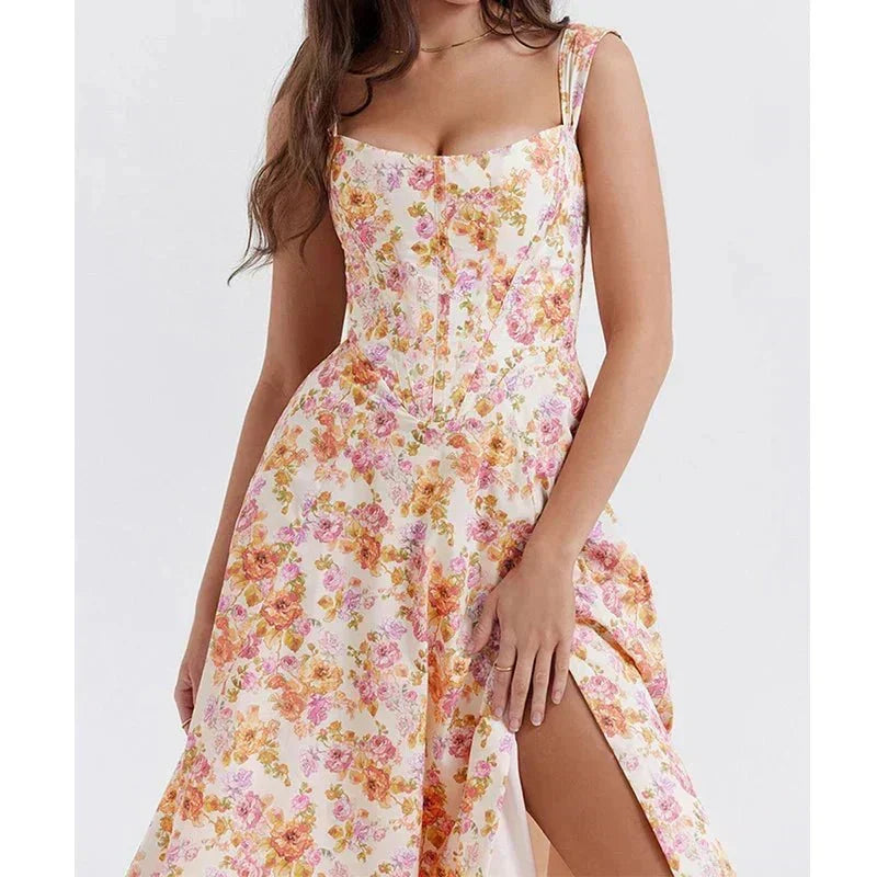 Floral Scoop Neck Corset High Split Midi Dress 2