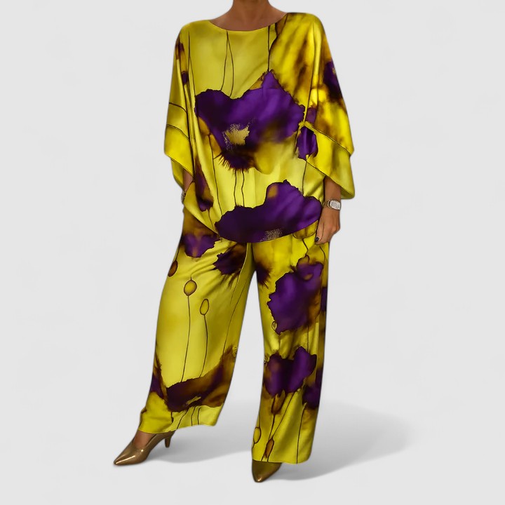 Floral Print Satin Batwing Sleeve Top and Wide Leg Pants Two Piece Set 5