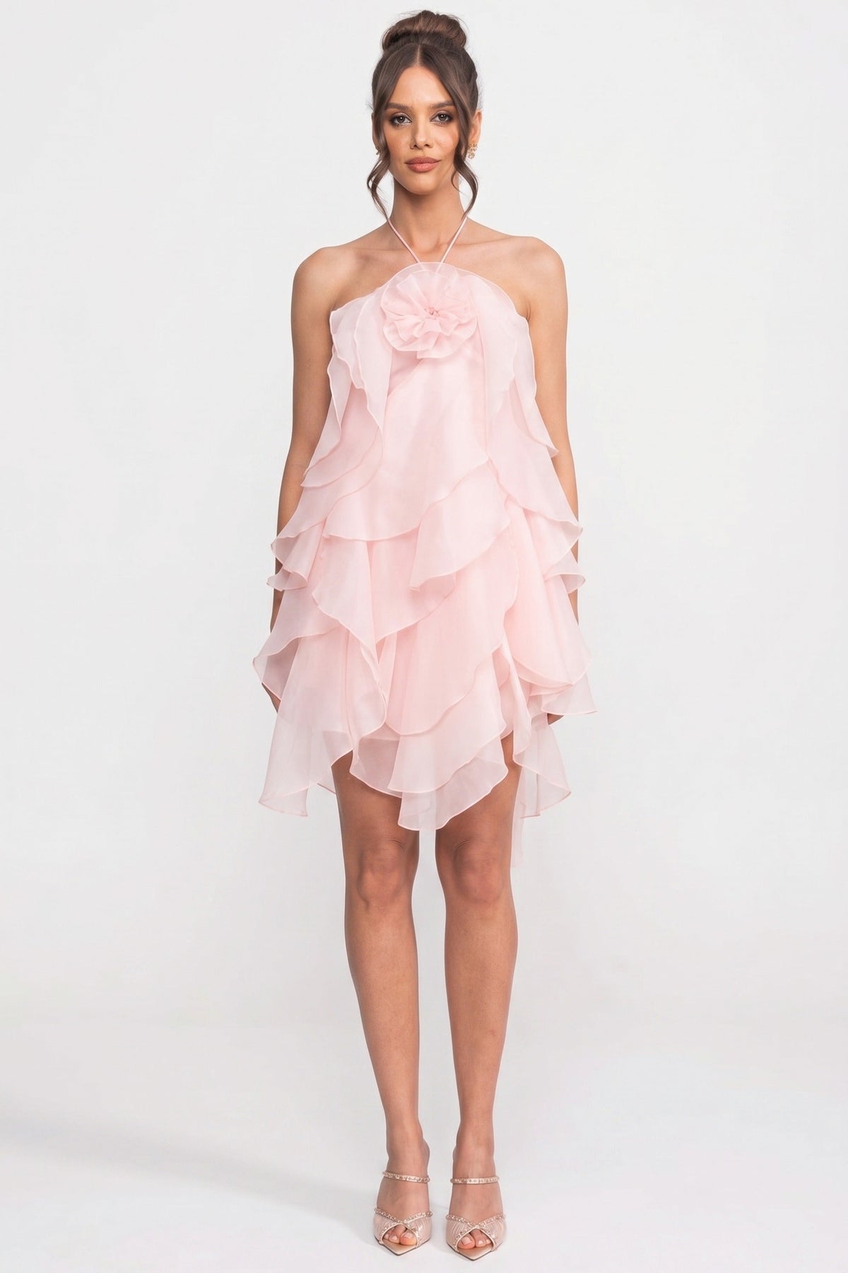 Tiered Ruffle Mini Dress With 3D Floral Halter Neck - Pink - View 4