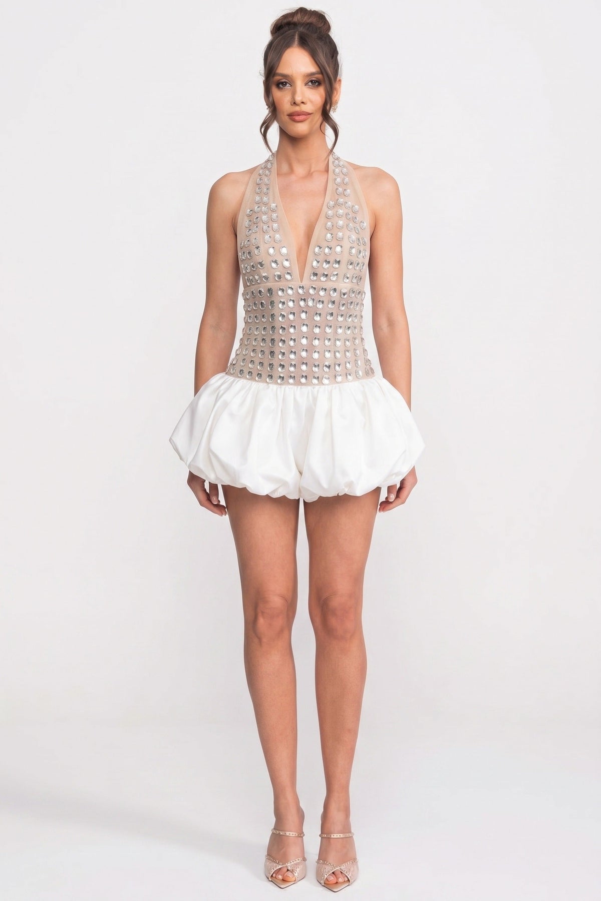 Crystal-Embellished Halter Mini Dress With Bubble Skirt - White - View 5