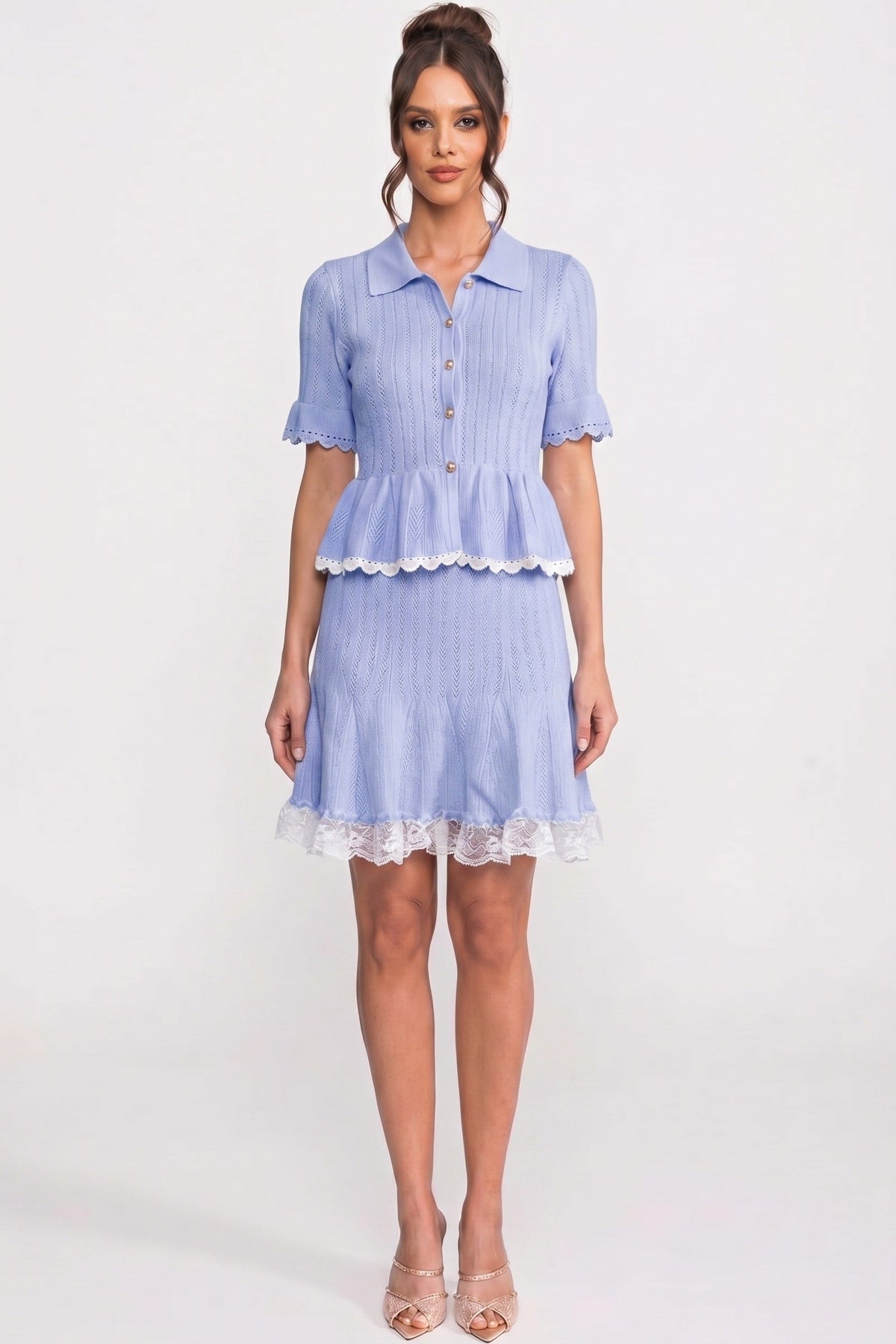 Polo-Collar Mini Dress - Blue - View 3