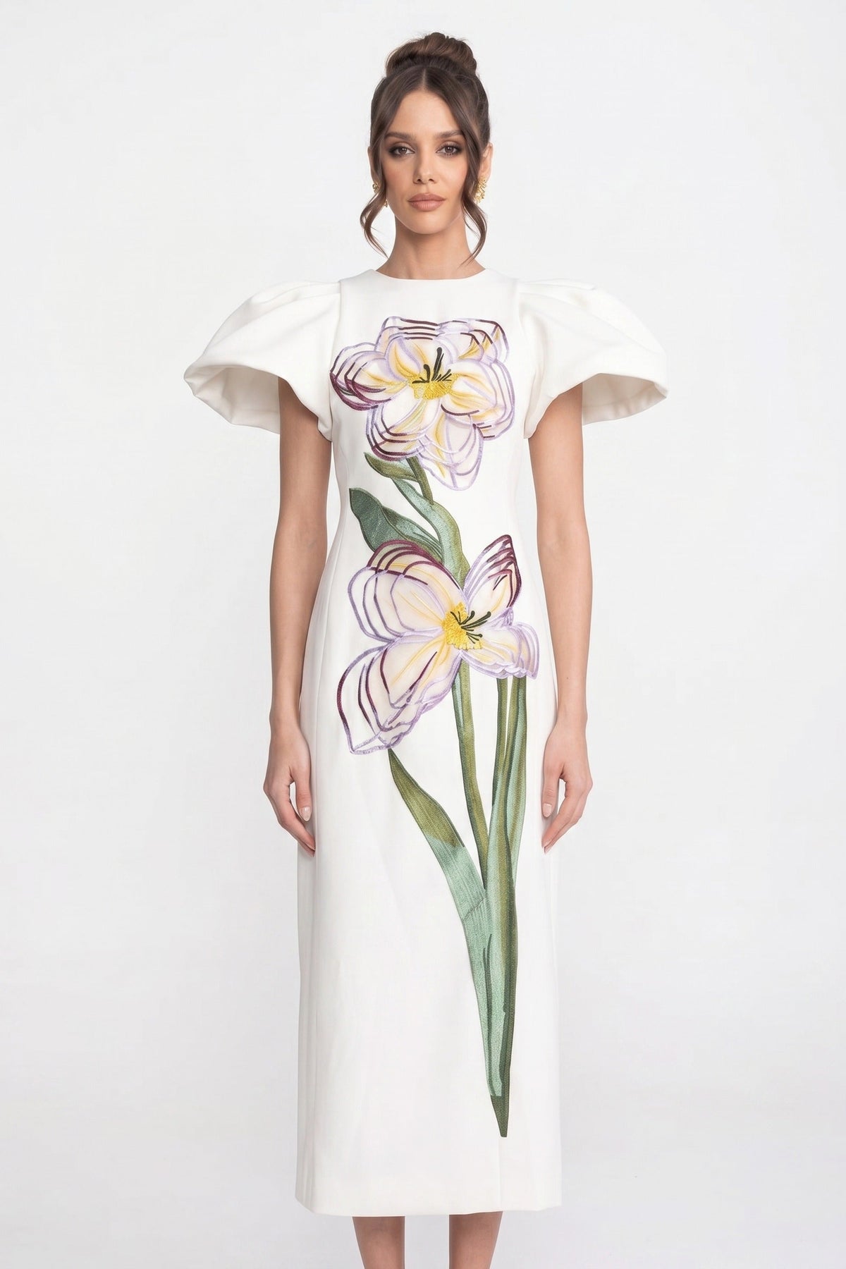 Structured Shoulder Maxi Dress With 3D Iris Floral Appliqué - White - View 3