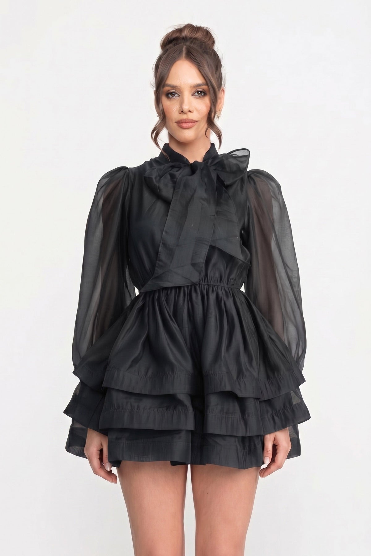 High-Neck Puff-Sleeve Mini Dress - Black