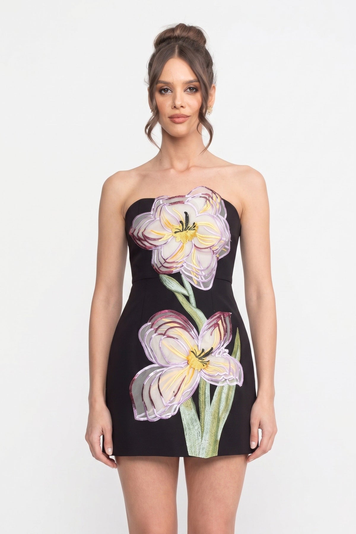 Strapless Mini Dress With 3D Iris Floral Appliqué - Black - View 8
