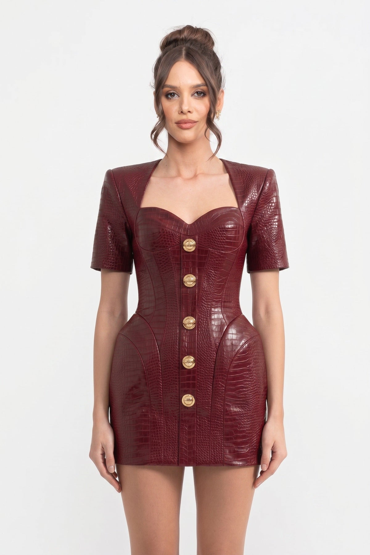 Faux Leather Croc Embossed Sweetheart Neck Padded Mini Dress