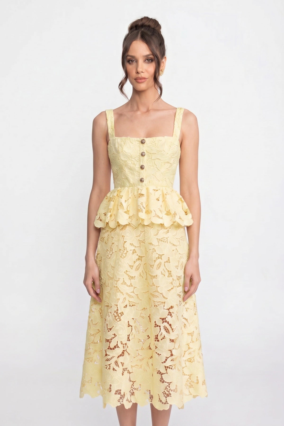 Sleeveless Lace Peplum Dress - Yellow - View 7