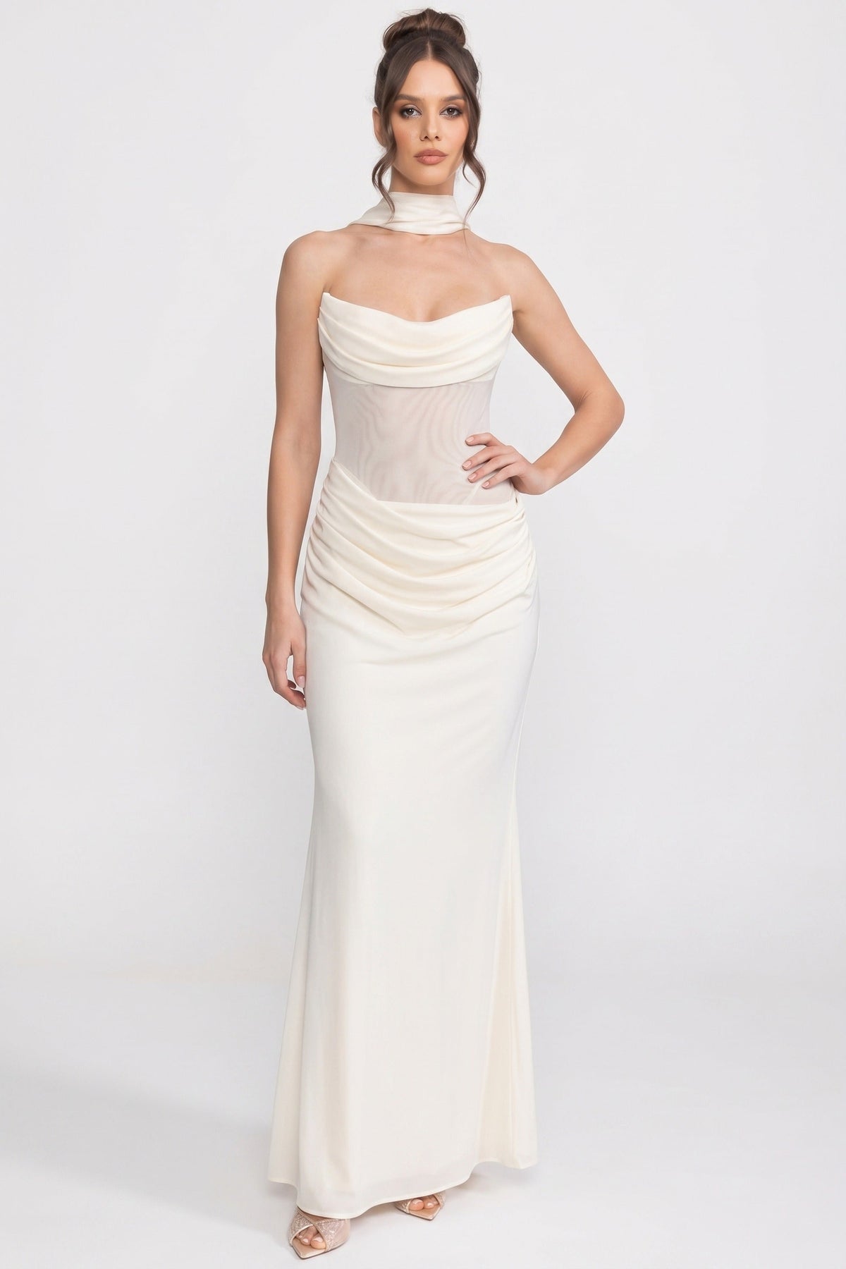 Strapless Draped Maxi Gown With Cowl Neckline And Sheer Scarf - White - View 2