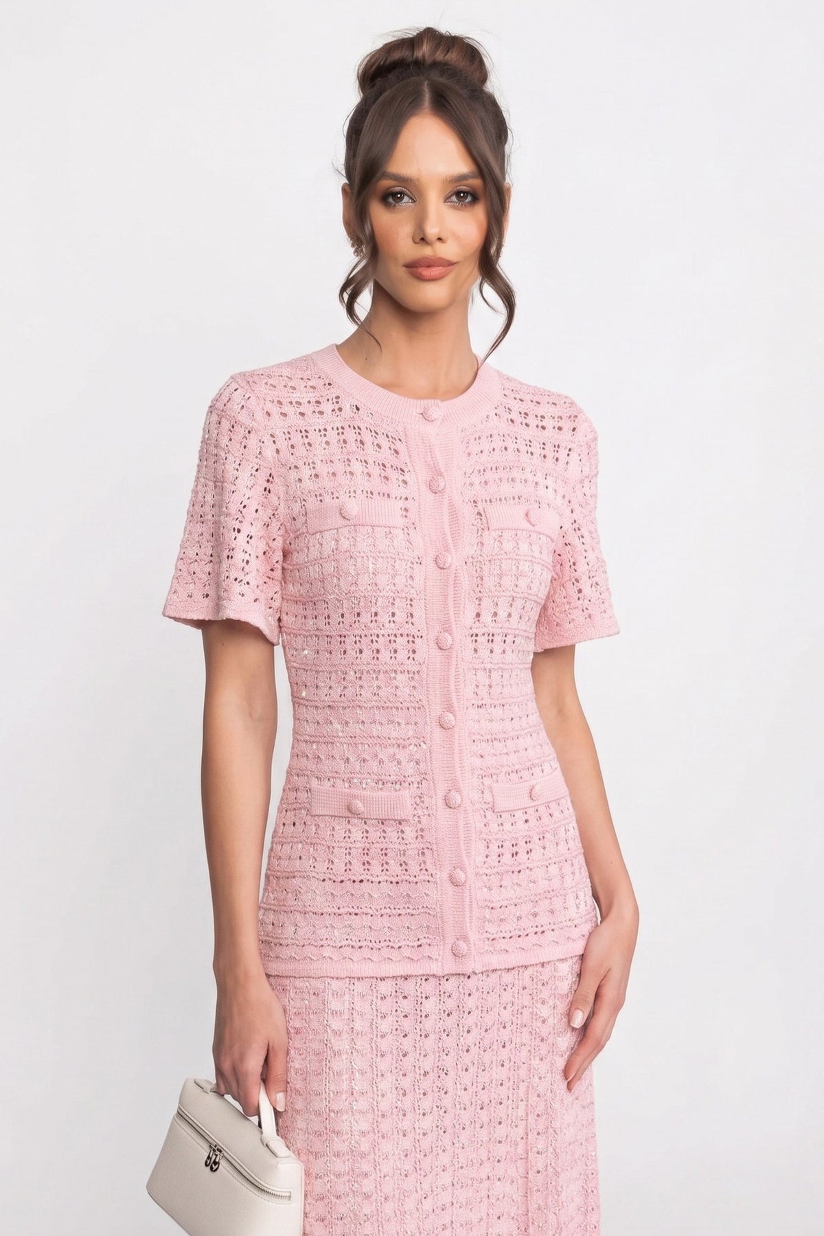 Short Sleeve Midi Dress With Shimmer Knit Texture - Pink - View 3