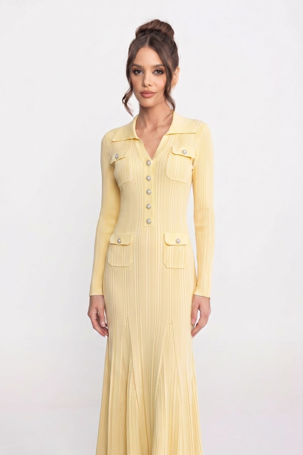 Long-Sleeve Button-Front Knit Maxi Dress With Patch Pockets - Yellow - View 3