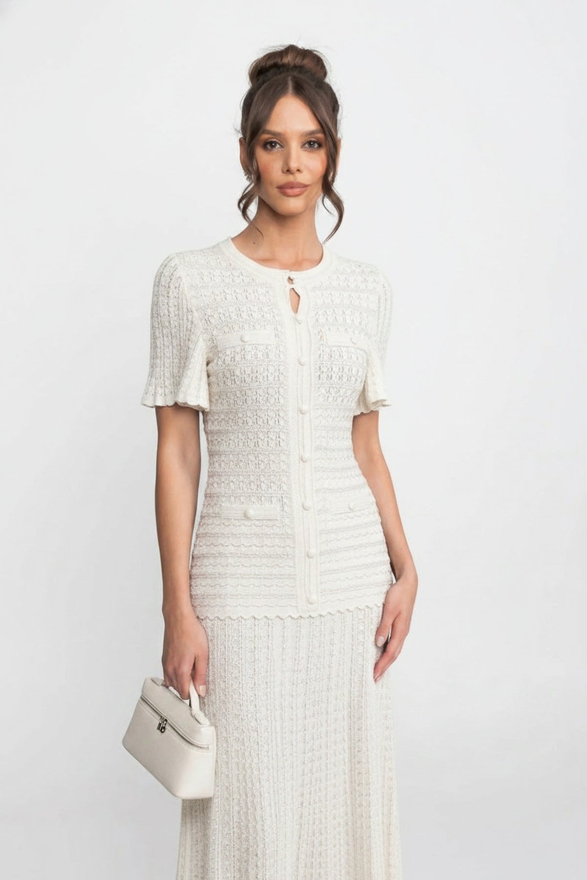 Short Sleeve Midi Dress With Shimmer Knit Texture - White - View 3