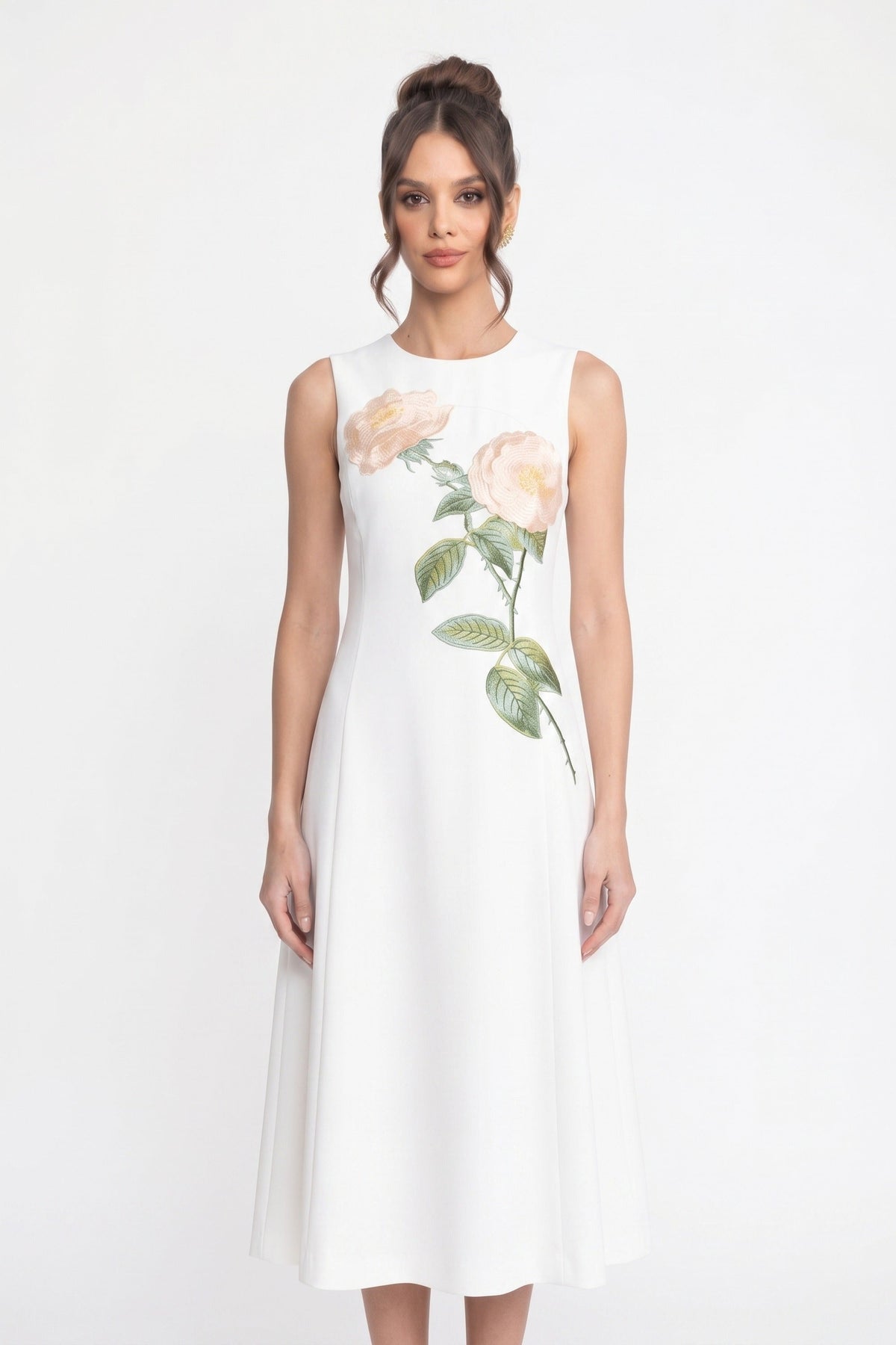 Sleeveless Midi Dress With 3D Floral Appliqué And Full Skirt - White - View 6