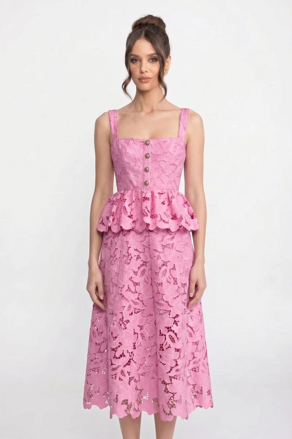 Sleeveless Lace Peplum Dress With Midi Skirt And Golden Buttons - Pink - View 3