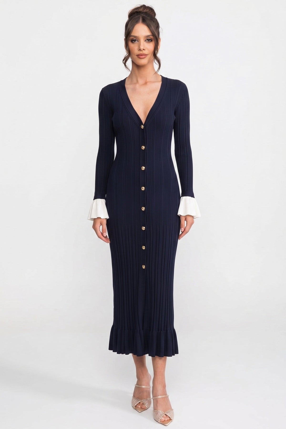 Long-Sleeve Button-Front Pleated Knit Maxi Dress - Navy