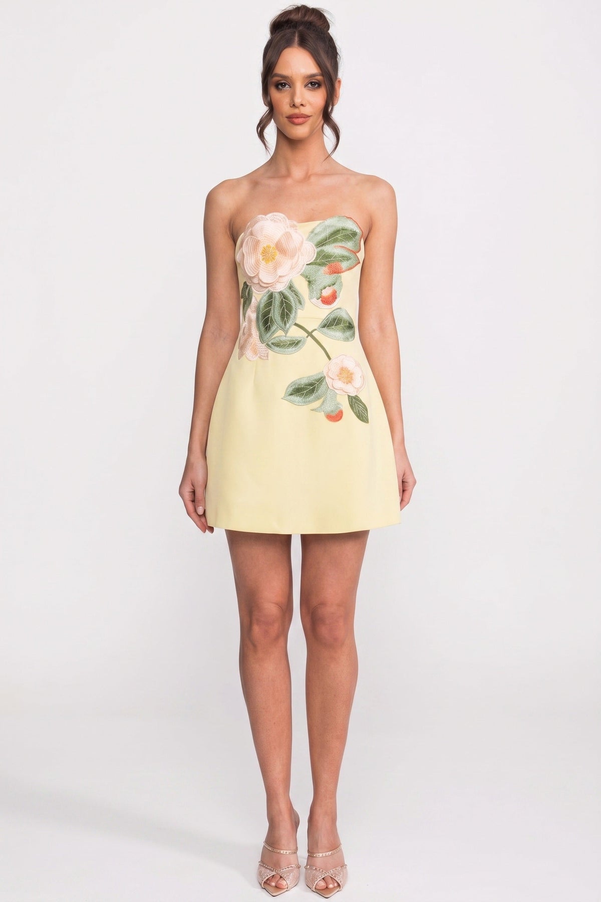 Strapless Mini Dress With 3D Camellia Floral Appliqué - Yellow - View 3