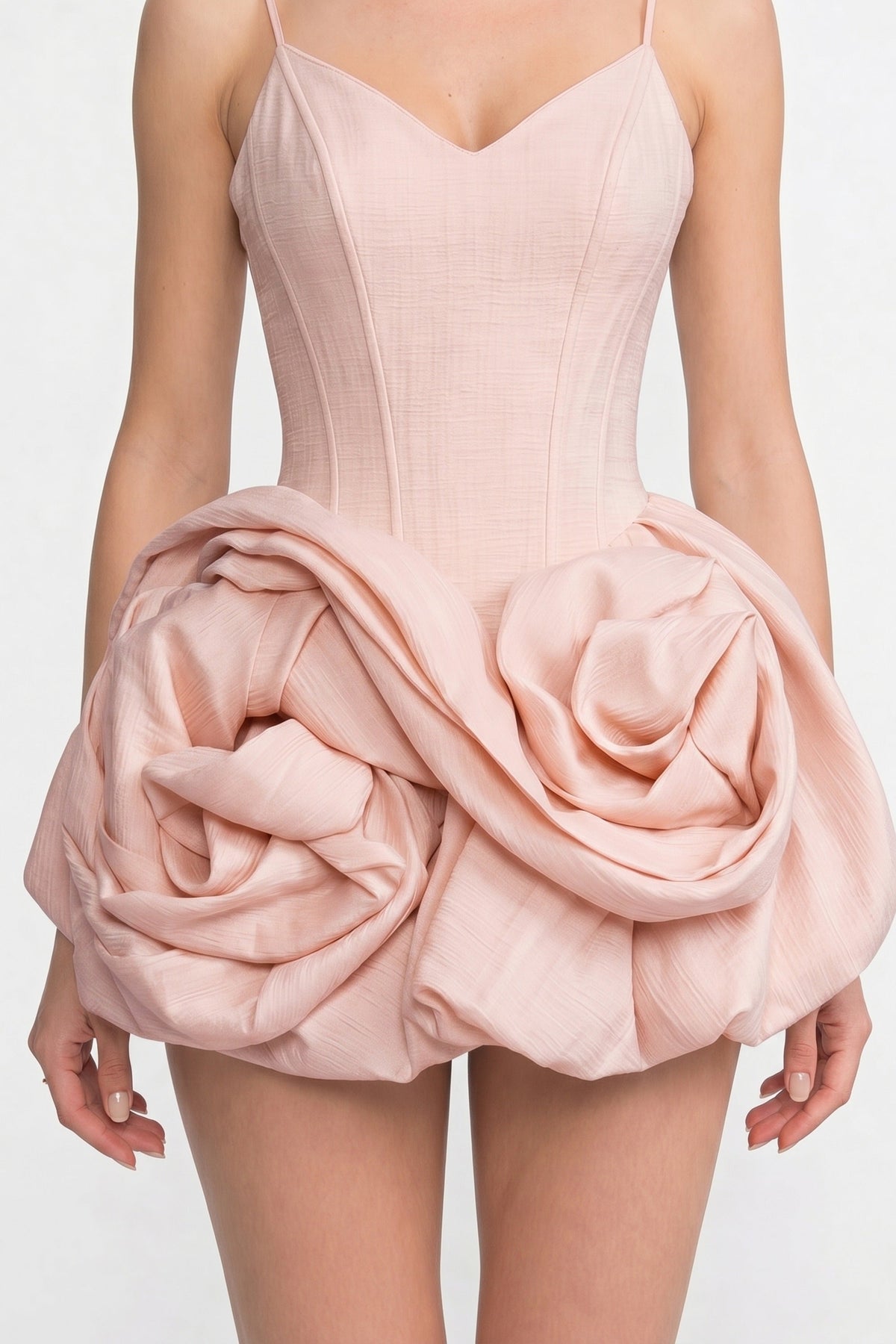 Spaghetti-Strap Velvet Mini Dress With 3D Rose Skirt - Pink - View 4