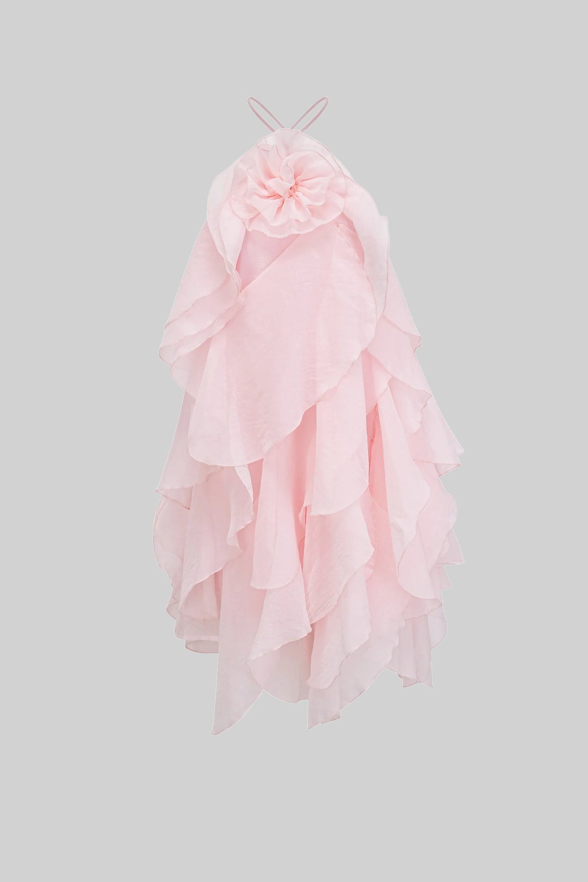 Tiered Ruffle Mini Dress With 3D Floral Halter Neck - Pink - View 2