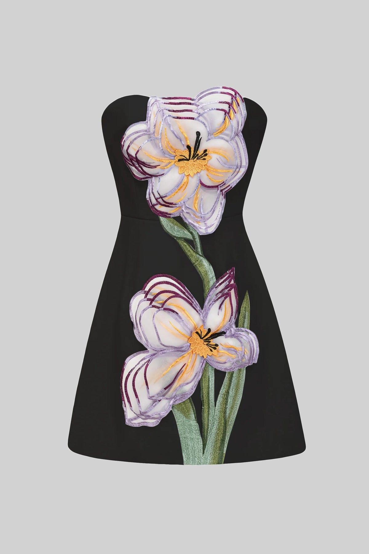 Strapless Mini Dress With 3D Iris Floral Appliqué - Black - View 5