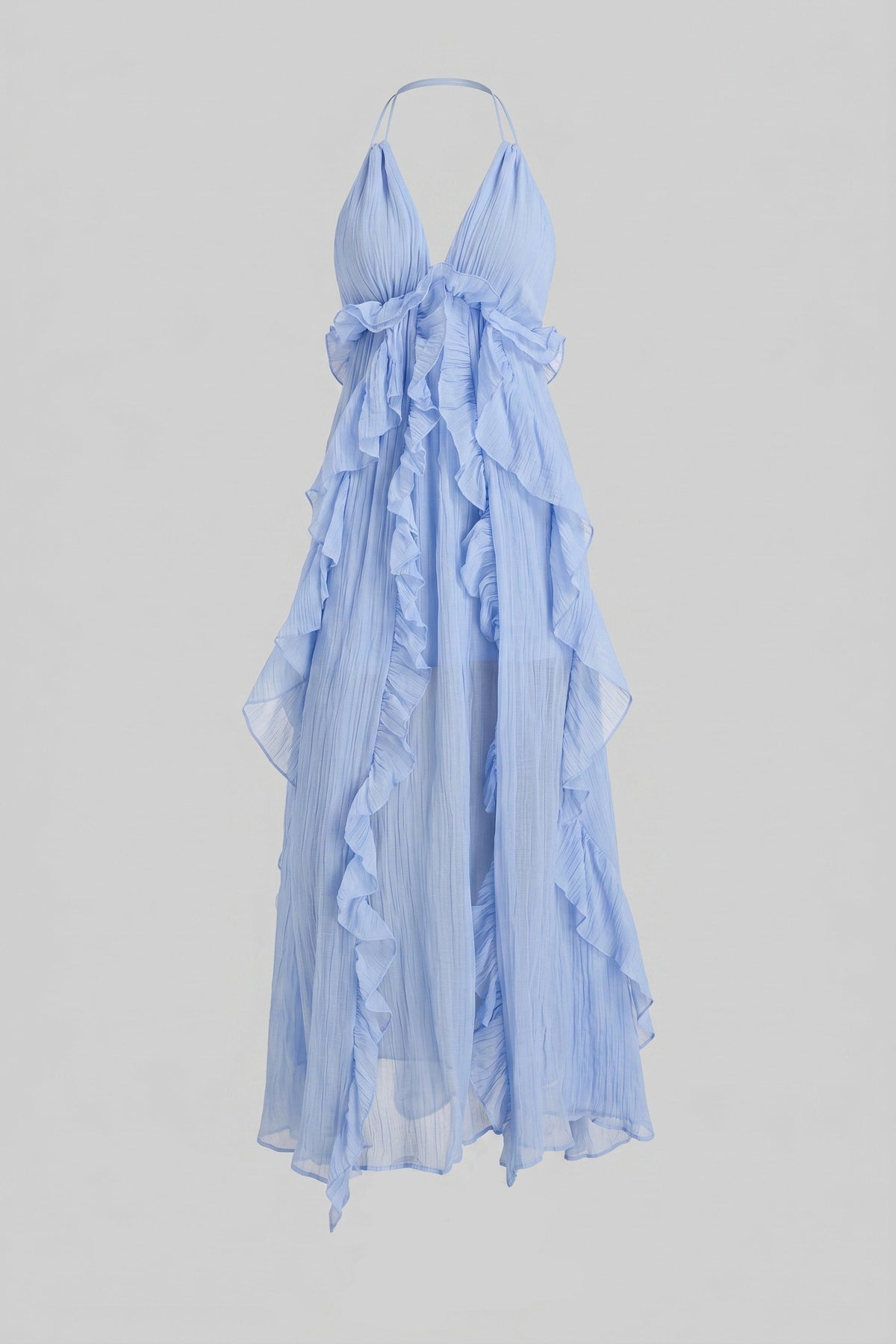 Deep V-Neck Ruffle Maxi Dress With Cascading Asymmetric Tiers - Blue - View 5