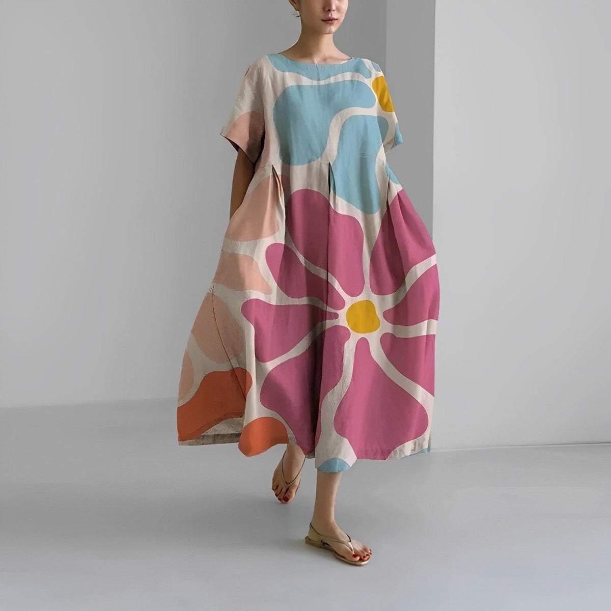 Abstract Floral Round Neck Short Sleeve Pleated Maxi Dress 2