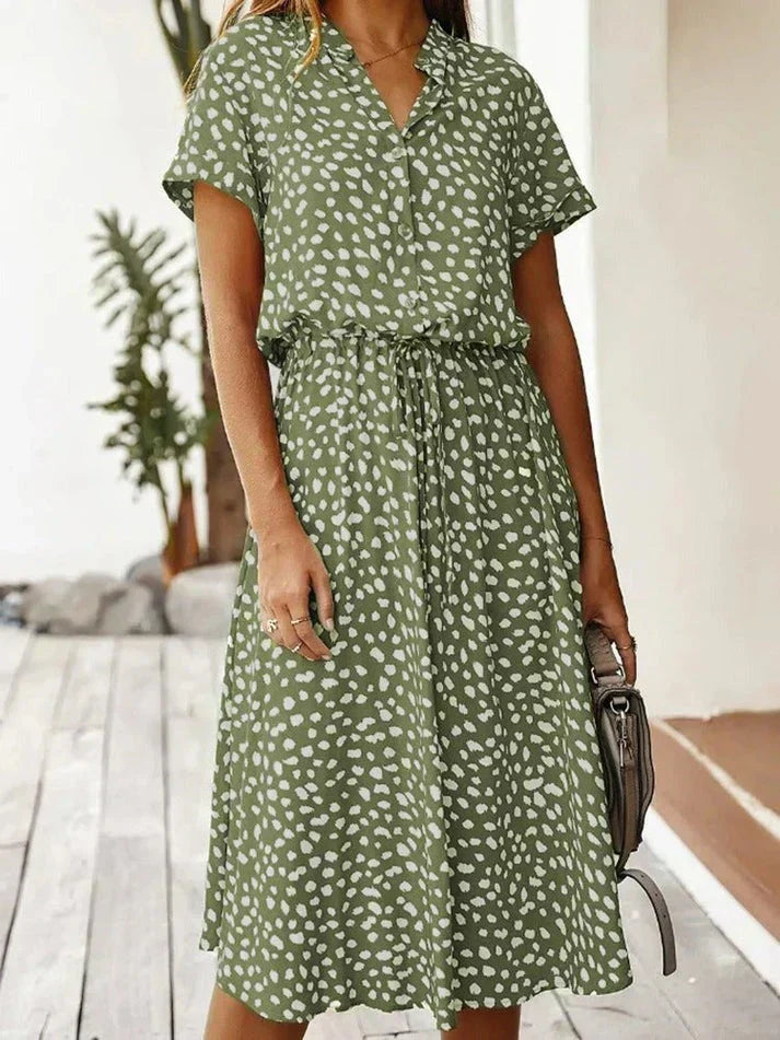 Animal Print Collared Short Sleeve Drawstring Midi Shirt Dress 5