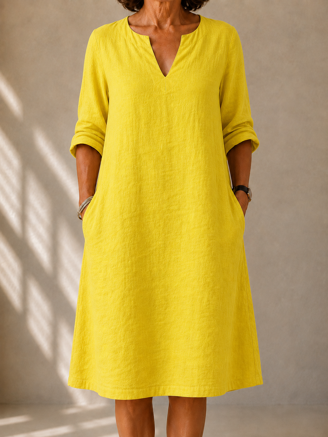 Split Neck Long Sleeve Side Pocket Shift Midi Dress