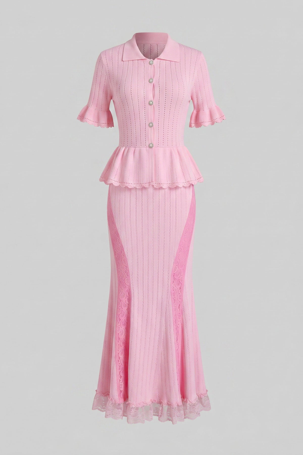 Peter-Pan Collar Knit Peplum Maxi Dress With Lace Hem - Pink - View 2
