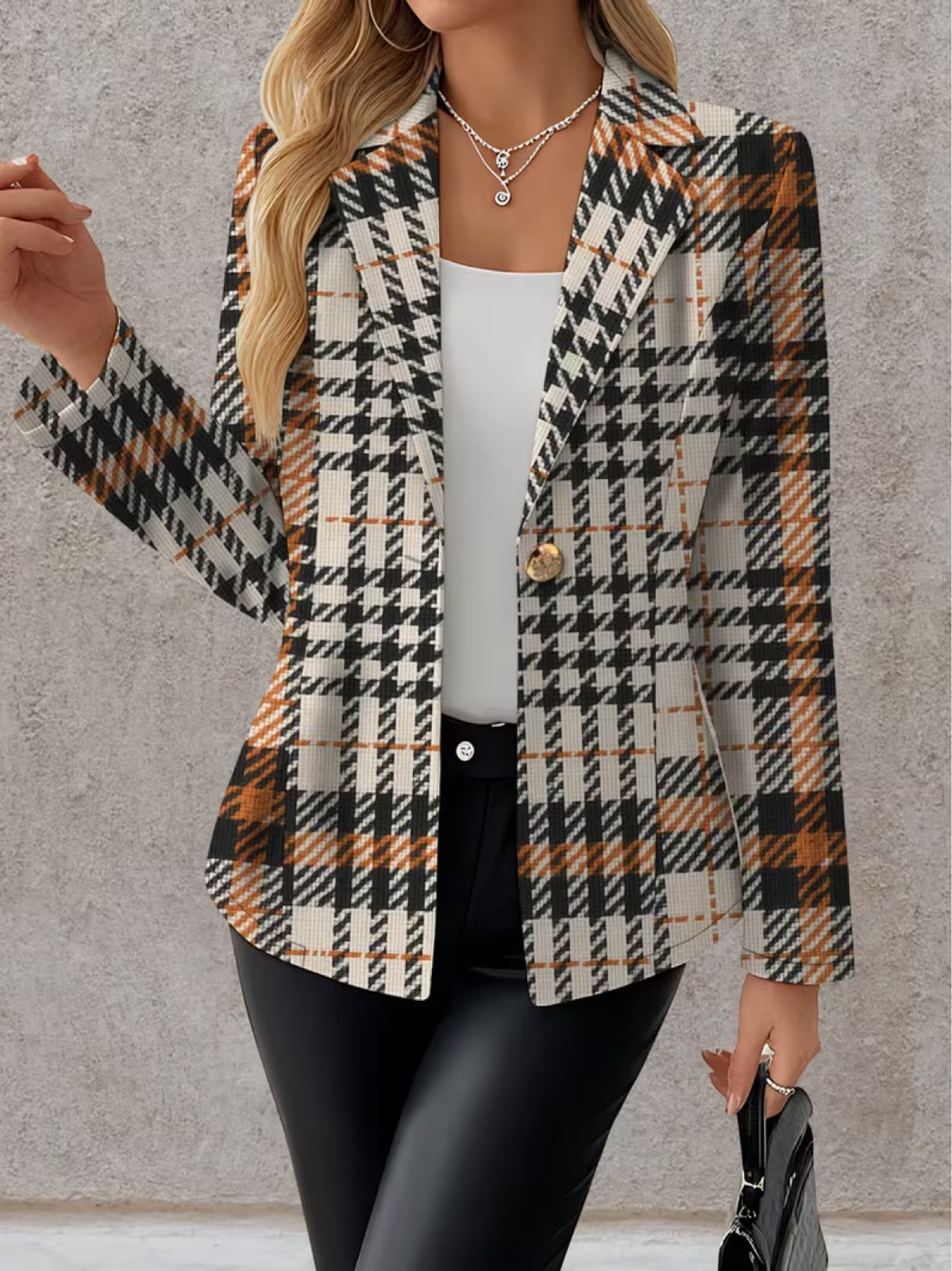 Houndstooth Plaid Single Button Cropped Blazer 4