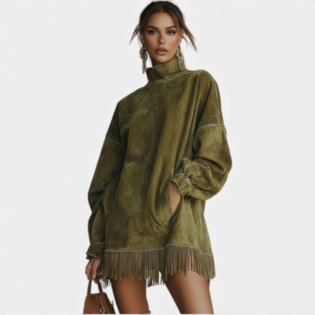 Turtleneck Long Sleeve Fringe Hem Sweatshirt Dress 4