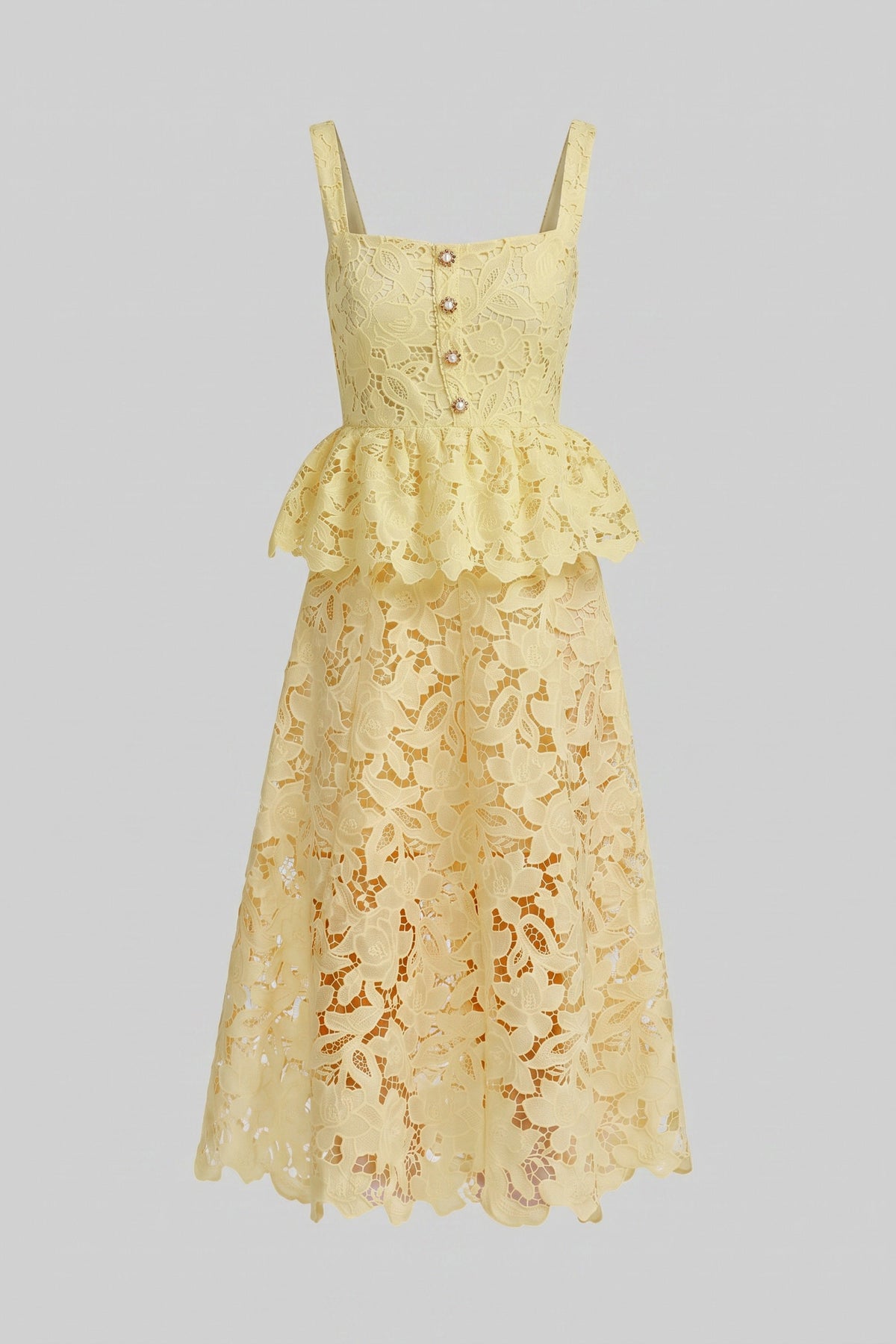 Sleeveless Lace Peplum Dress - Yellow - View 6