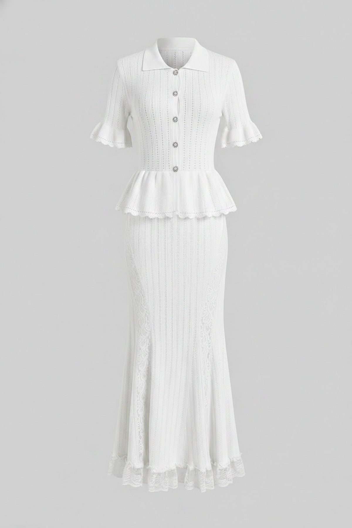 Peter-Pan Collar Knit Peplum Maxi Dress With Lace Hem - White - View 2