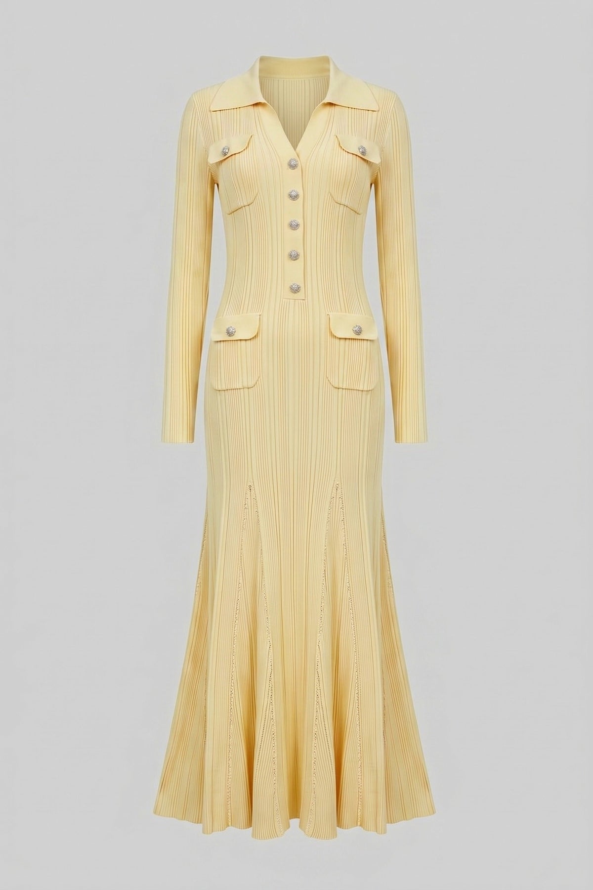 Long-Sleeve Button-Front Knit Maxi Dress With Patch Pockets - Yellow - View 2