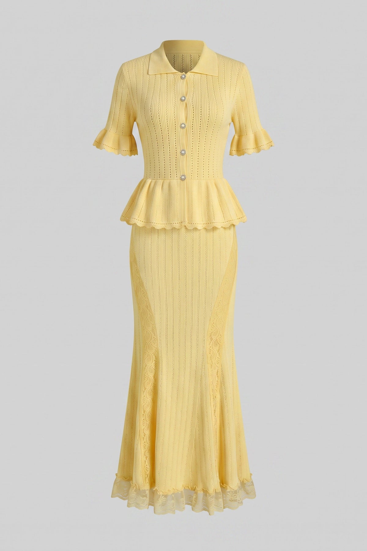 Peter-Pan Collar Knit Peplum Maxi Dress With Lace Hem - Yellow - View 2