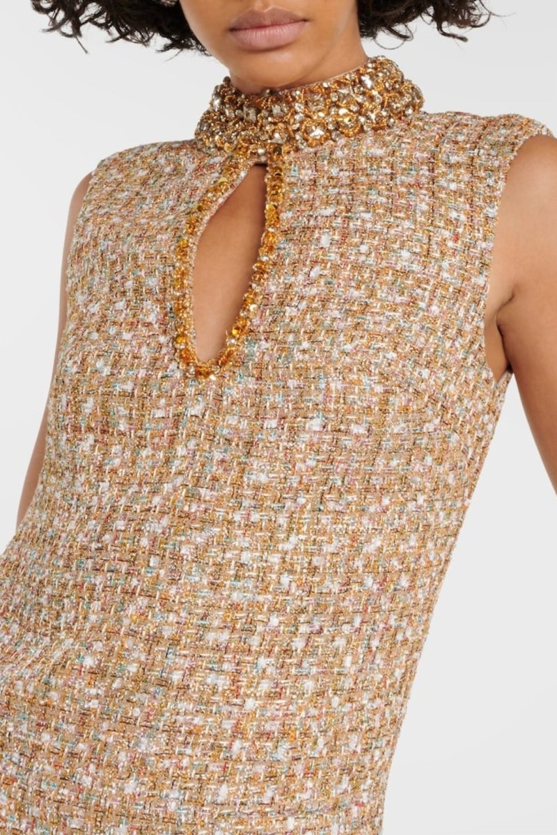 Crystal Embellished Mock Neck Keyhole Tweed A-Line Mini Dress - View 3