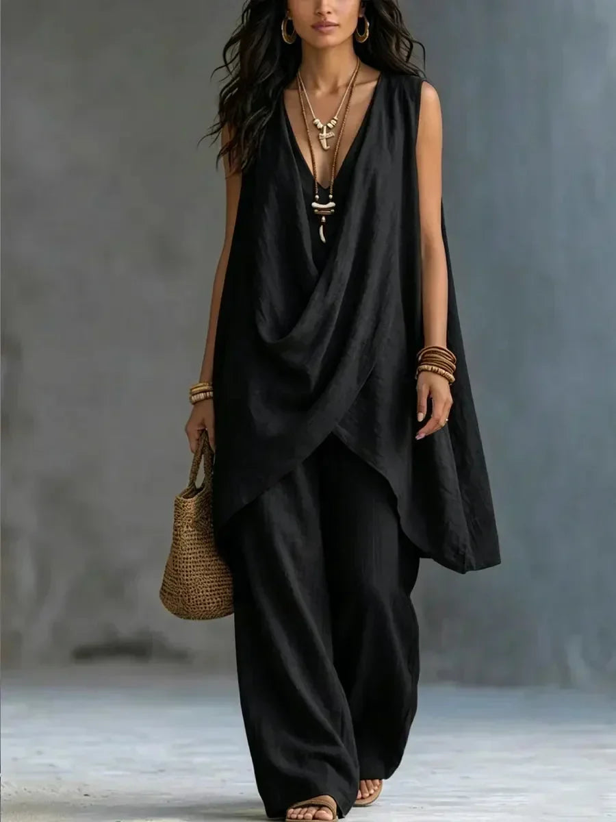 Sleeveless Deep V-Neck Draped Wrap Top and Wide Leg Pants Two Piece Set