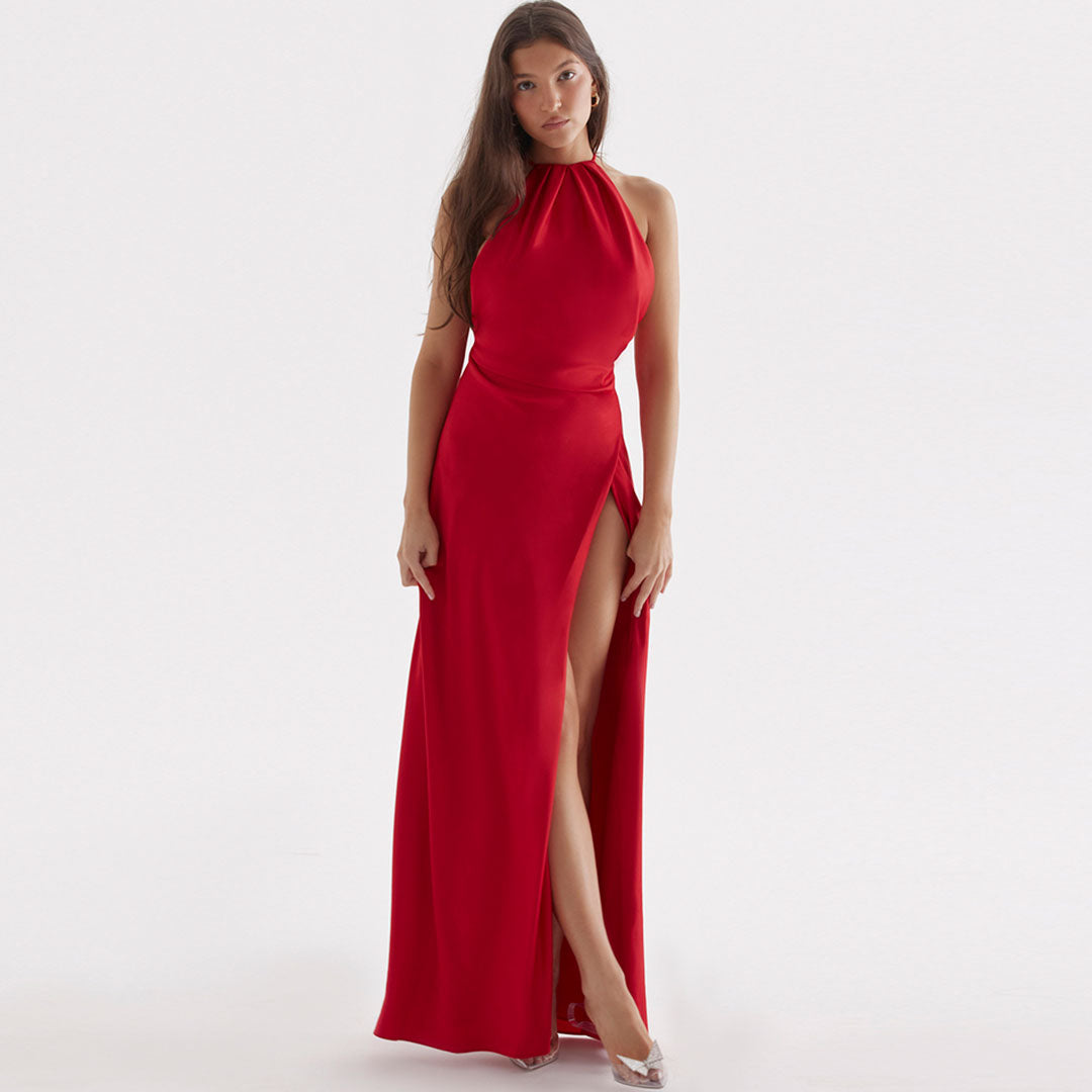 High Split Sleeveless Backless Evening Maxi Dress - Red