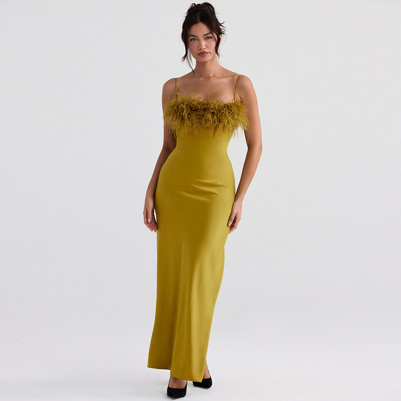 Satin Spaghetti Strap Feather Trim Slip Maxi Dress