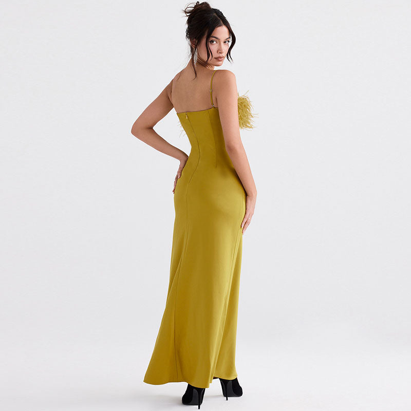 Satin Spaghetti Strap Feather Trim Slip Maxi Dress - View 3