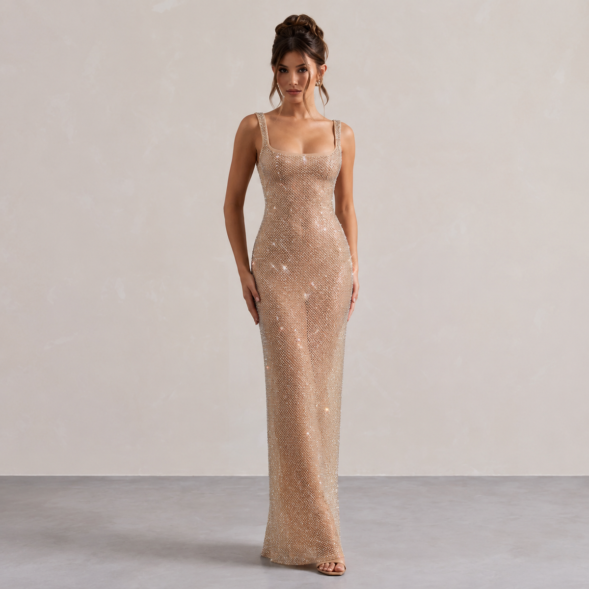 Rhinestone Square Neck Sleeveless Bodycon Maxi Dress 16