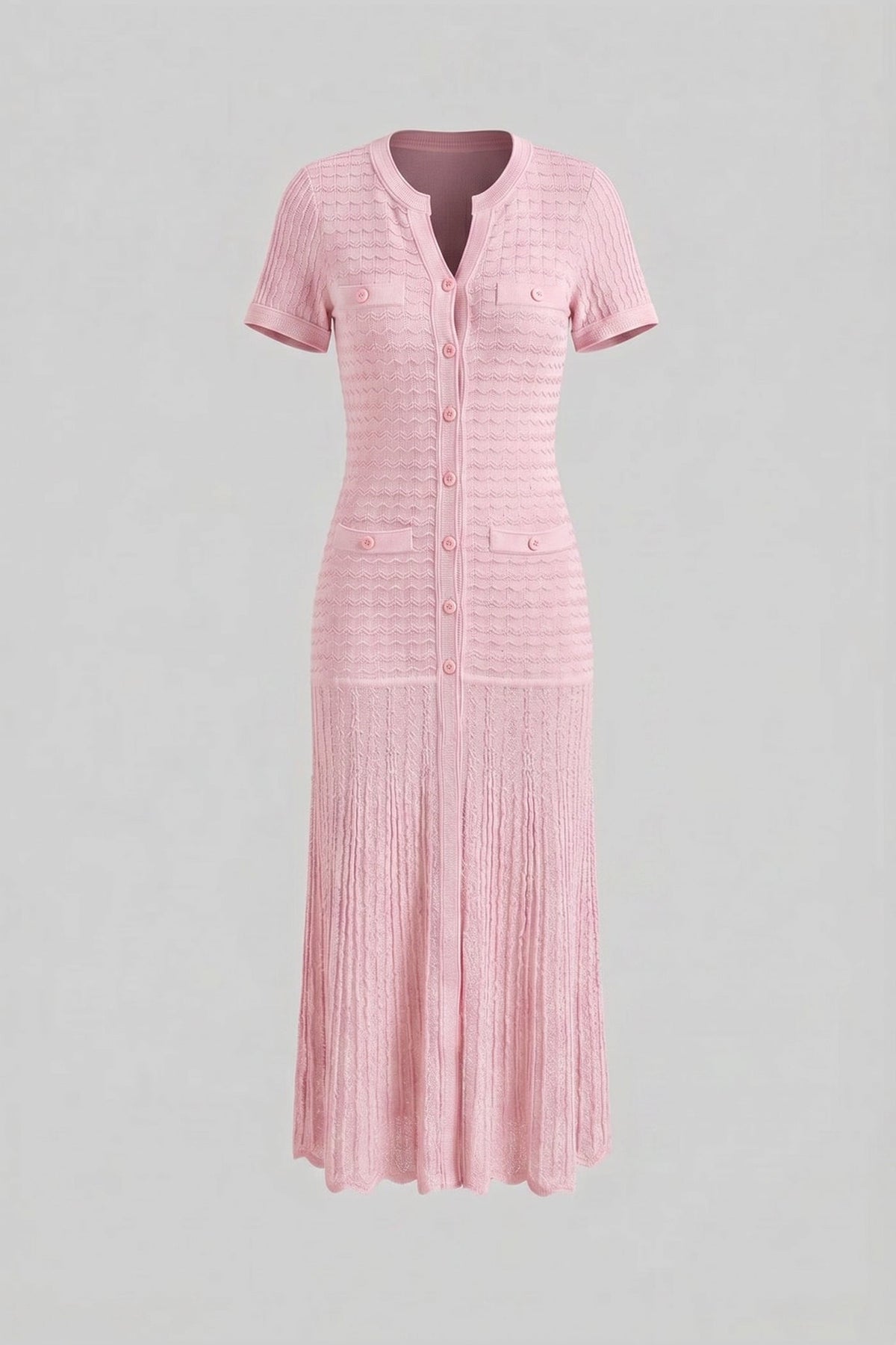 Short Sleeve Midi Dress With Shimmer Knit Texture - Pink - View 2