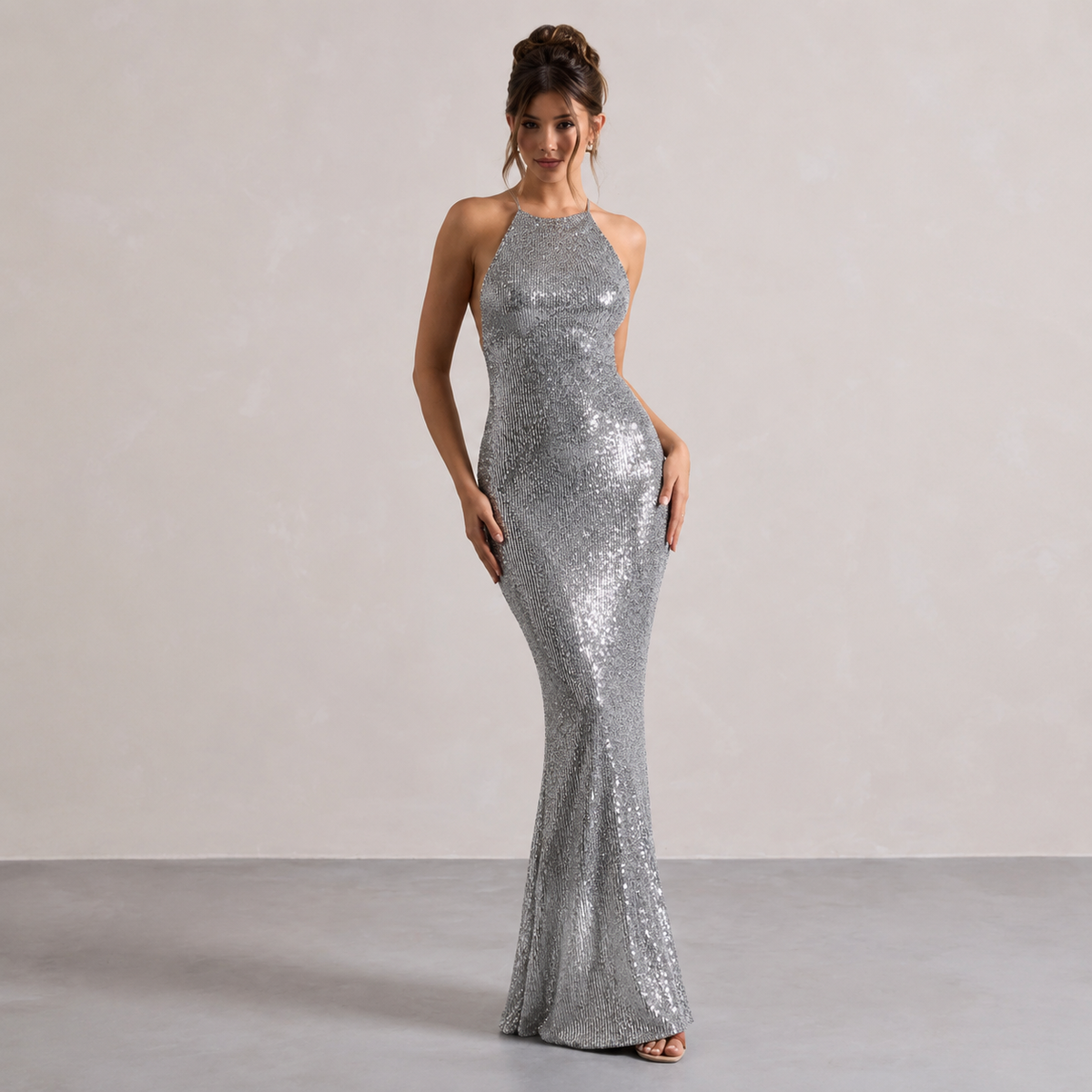 Sequin Halter Neck Backless Fishtail Maxi Gown 4